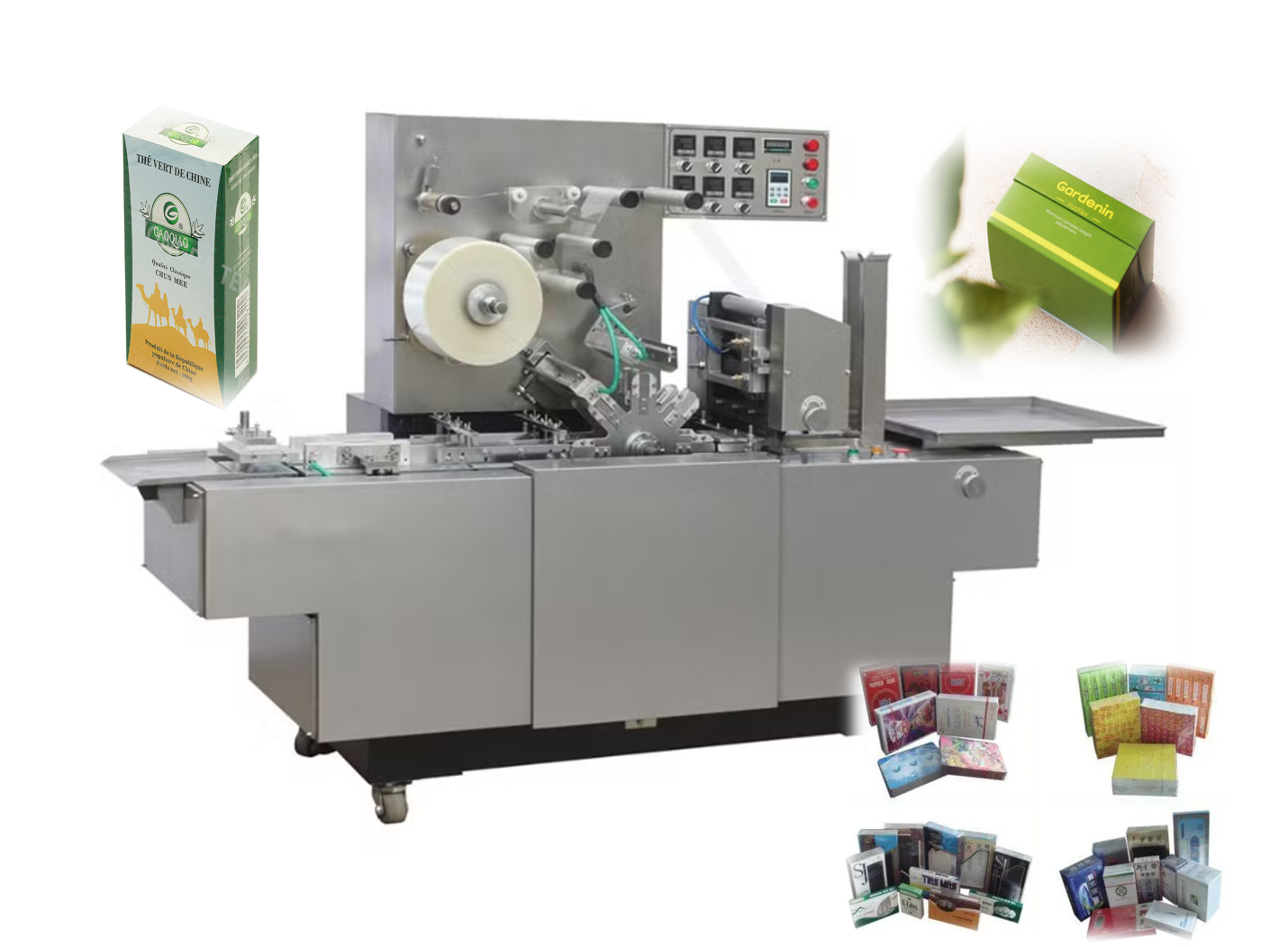 Tea box film wrapping machine / Perfume, small carton box plastic film wrapping machine