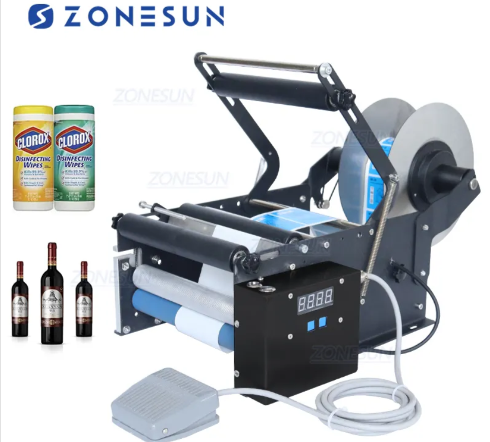 Labeling machine for wine bottles, tin cans, round bottles. Semi-automatic