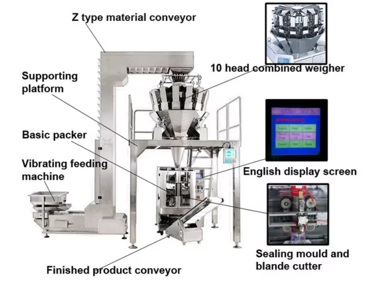 Vertical conveyor for packing chips, dried fruit, popcorn 20-45 packs per minute